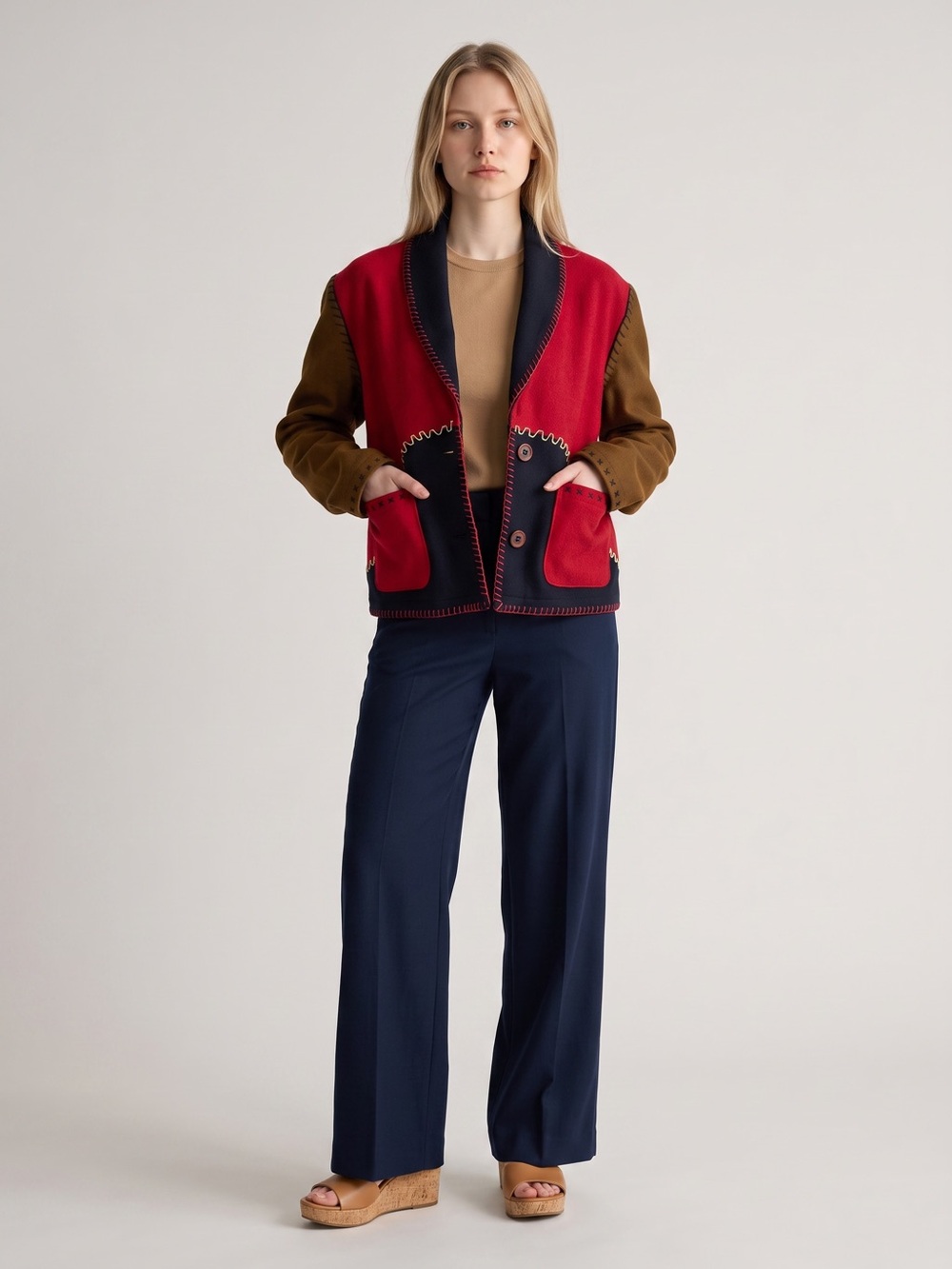 Vintage Sandy Starkman Color-block Red & Navy Wool Blend Blazer Jacket
